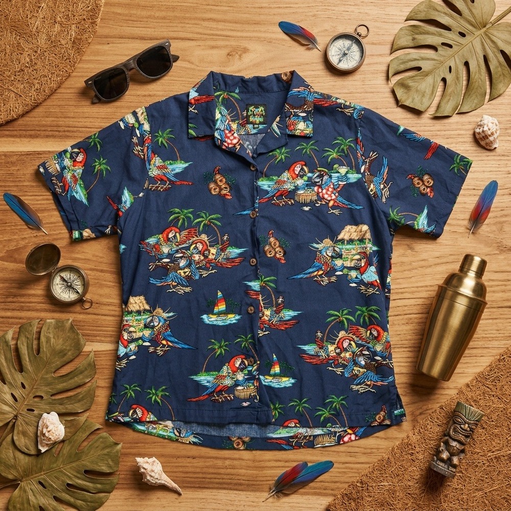 Benny's Hawaiian Shirt Men 3XL Navy Blue Parrots Margaritas Parrothead Aloha USA